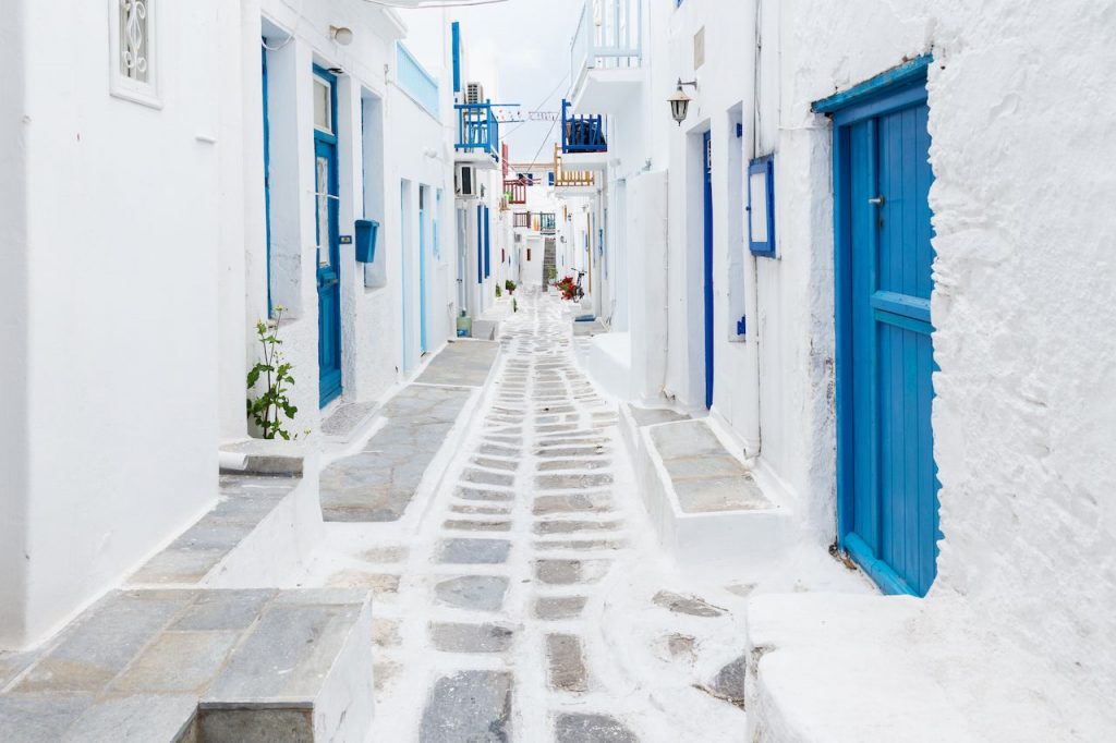 Mykonos white street view Greece