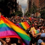 Rainbow flag in front of the picture,lgbtq parade in New York