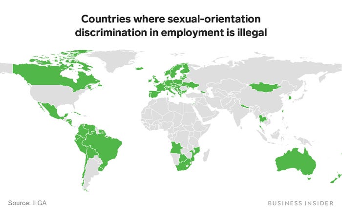 More countries have made strides when it comes to tackling workplace discrimination based on sexual orientation
