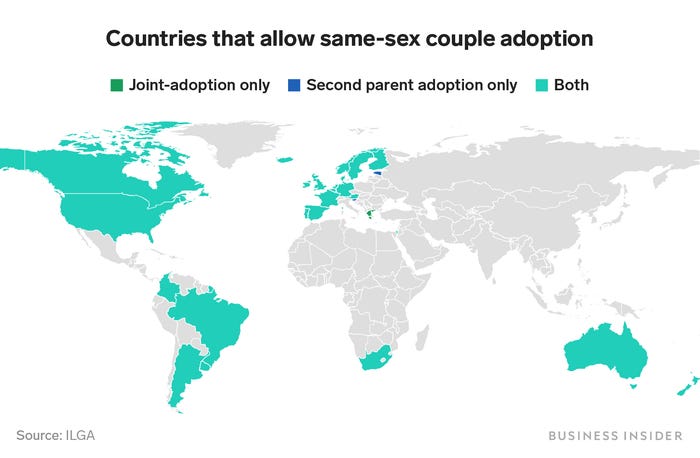 Few countries outside of Europe and the Americas allow same-sex couples to adopt children.